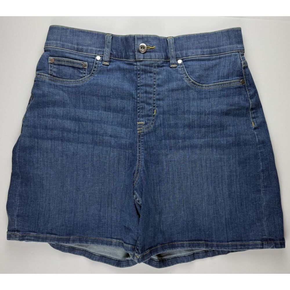 SPANX Denim Shorts Medium Wash Blue Pull-On High Rise Stretch Womens L